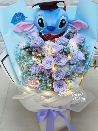 *淺紫保鮮玫瑰史迪仔畢業花束