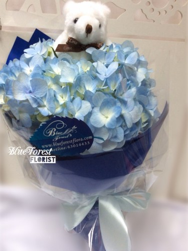 *小熊淺藍荷蘭秀球花束（附送teddy bear)