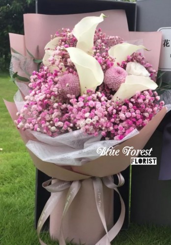 5枝荷蘭白馬蹄蘭配波波菊花束