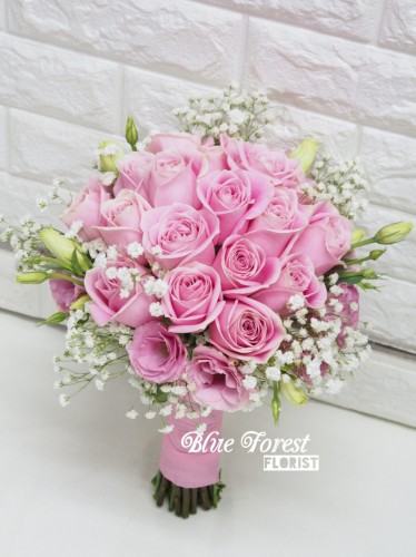 粉佳人*粉紅玫瑰配滿天星韓式花球