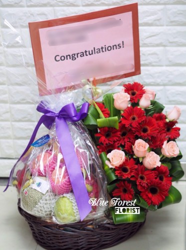 鮮花配入口水果祝賀籃