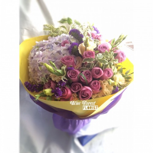 紫霞*紫玫瑰配粉紅秀球大花束'