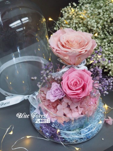 保鮮•愛系列 *發光玻璃罩玫瑰保鮮花（淺粉紅配深粉紅）*可免費刻上名或祝福字句*