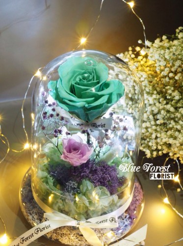 情人節系列 *保鮮•愛系列 *發光玻璃罩玫瑰保鮮花（Tiffany blue色）*可免費刻上名或祝福字句