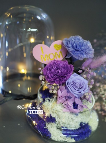 Mother's day精選 *玻璃罩康乃馨玫瑰保鮮花（深紫/淺紫）*可免費刻上名或祝福字句