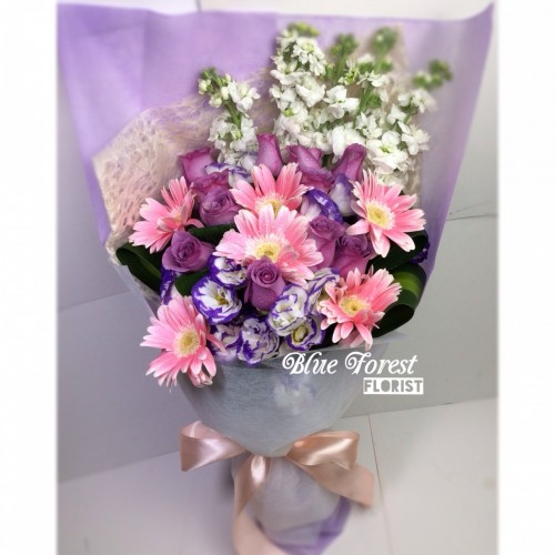 粉紫迷*紫玫瑰配粉太陽花束