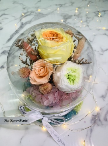 幸福水晶球系列 *玻璃罩玫瑰保鮮花（3拼色）Garden Rose）*可免費刻上名或祝福字句