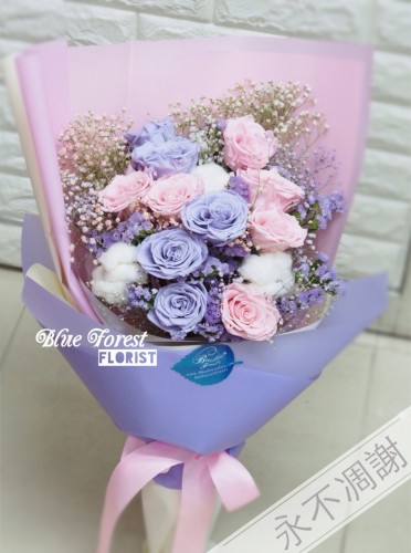 保鮮•愛*永不凋謝玫瑰保鮮花花束（淺紫色拼粉紅色10支裝）